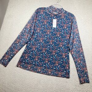 12Thompson Mock Neck Mesh Top Women 2X Teal Blue Floral Lined Long Sleeve Blouse